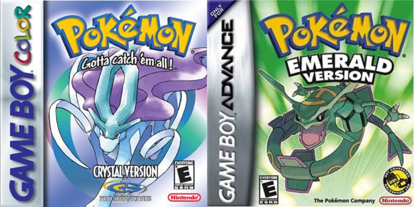 Split image of the cover art to Pokemon Crystal Version &amp; Pokemon Emerald Version.