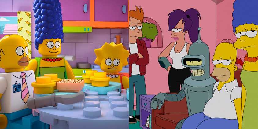 Split image of the Simpsons in LEGO form & Futurama characters in The Simpsons.