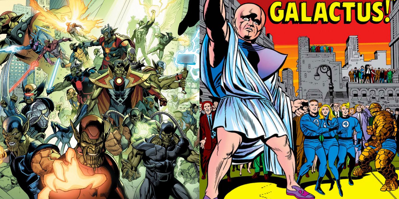 Split image of the Skrulls invading Central Park & the Watcher and the FF in Marvel Comics.