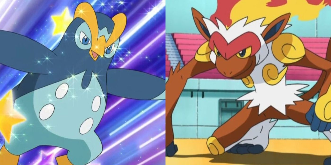 Split image of Prinplup in the air and Infernape getting ready to battle in Pokemon.