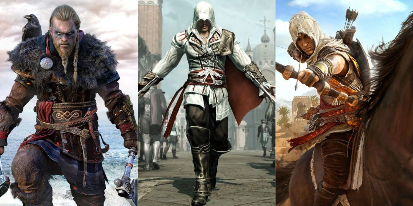 Split image of Eivor in Valhalla, Ezio in Assassin's Creed II, & Bayek in Assassin's Creed Origins.