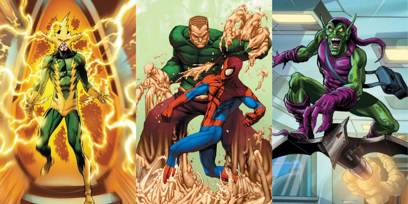 Split image of Electro, Sandman battling Spider-Man, &amp; Green Goblin flying in Marvel Comics.