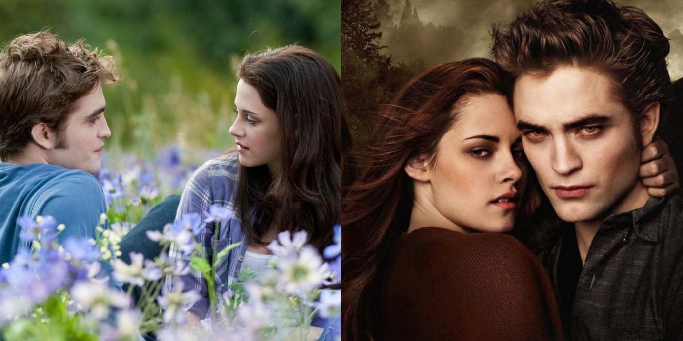 Split image of Edward & Bella in a field & both embracing in Twilight.