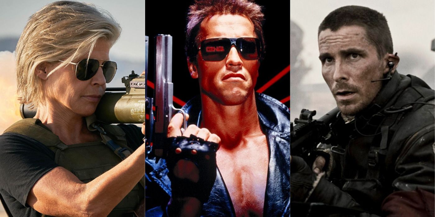 Split image of Sarah Connor in Dark Fate, the Terminator in The Terminator, & John Connor in Salvation.