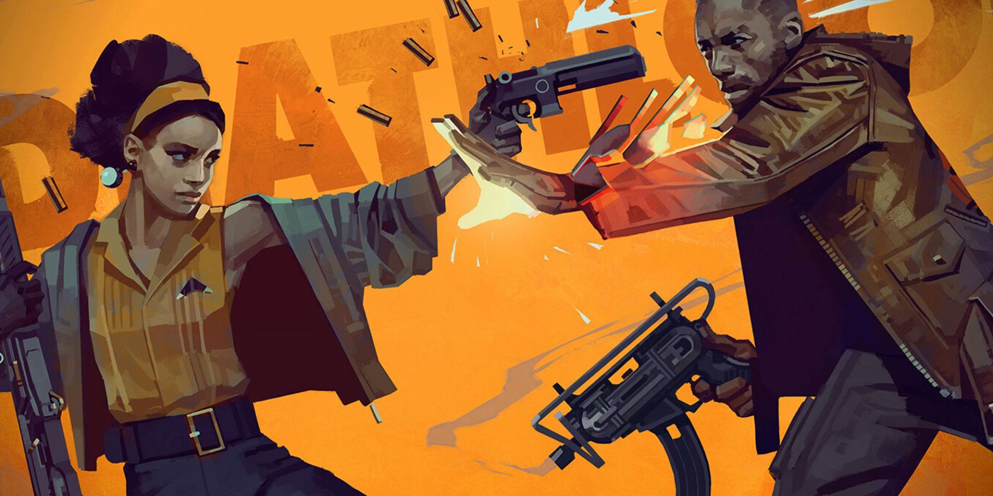 The poster for the video game Deathloop showing the characters Colt and Julianna engaged in a gunfight