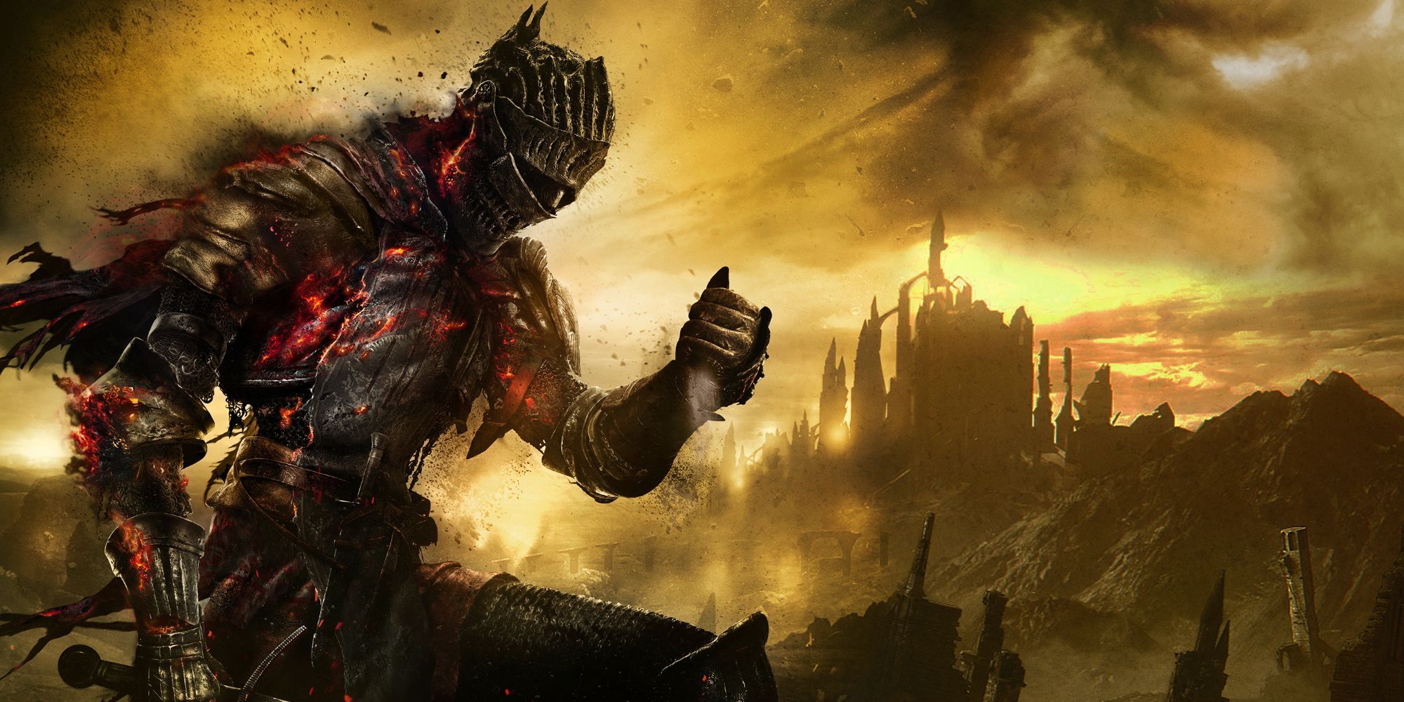 poster of Dark Souls 3 featuring The Ashen One in a black knight's armour with flame outlines