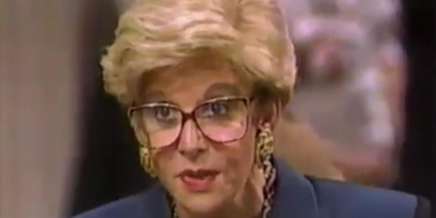 A close-up of Sally Jessy Raphael on her show.