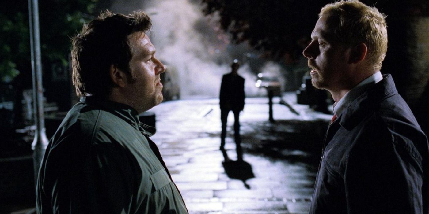 Nick Frost and Simon Pegg face each other in Shaun of the Dead