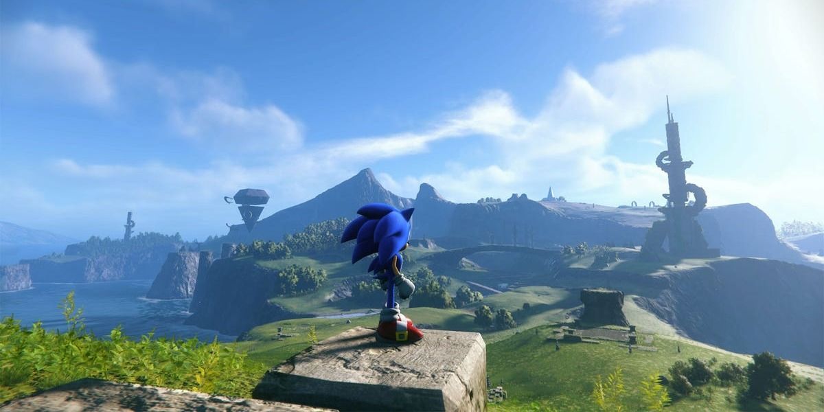 Sonic stands in front of Sonic Frontiers' open world