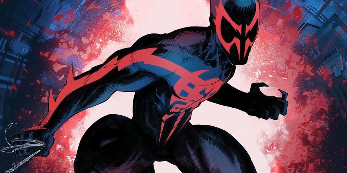 Spider-Man 2099 launches into battle in Marvel Comics.