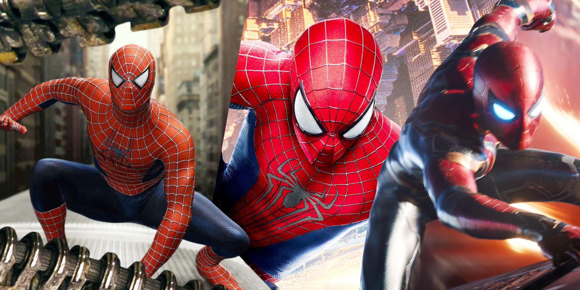 Blended image of Sam Raimi Spider-Man, The Amazing Spider-Man, and MCU Spider-Man.