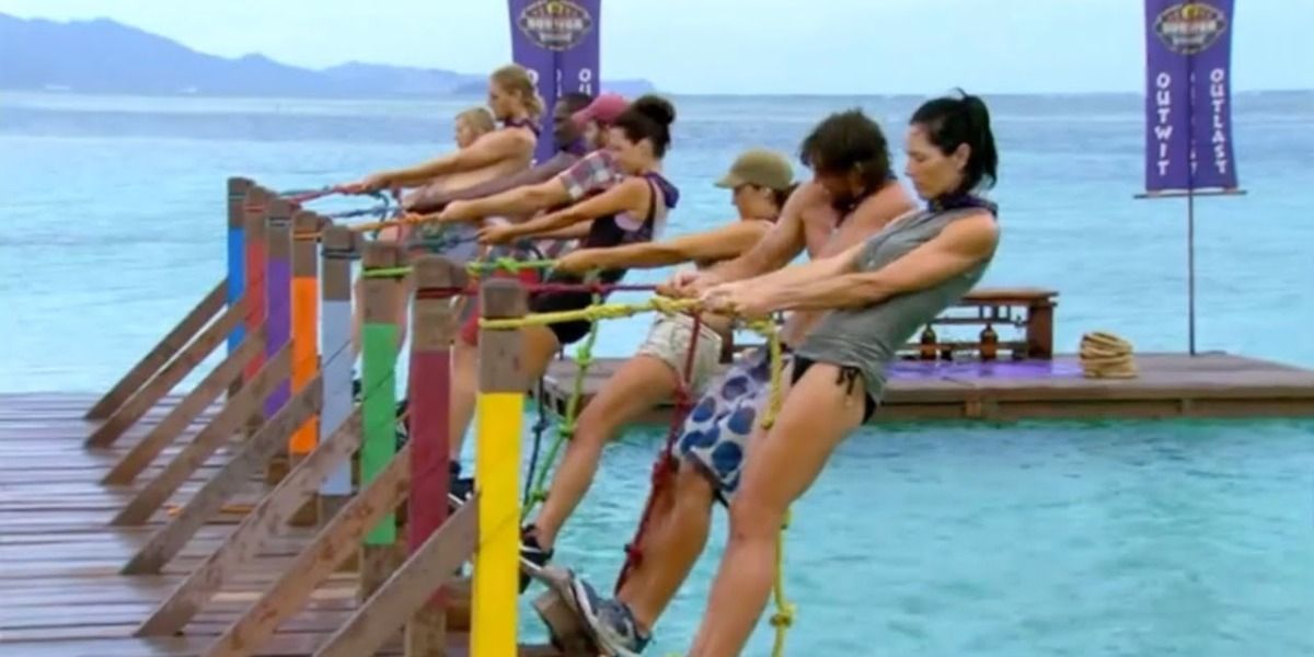Competitors compete over water in the Survivor Splash Back challenge