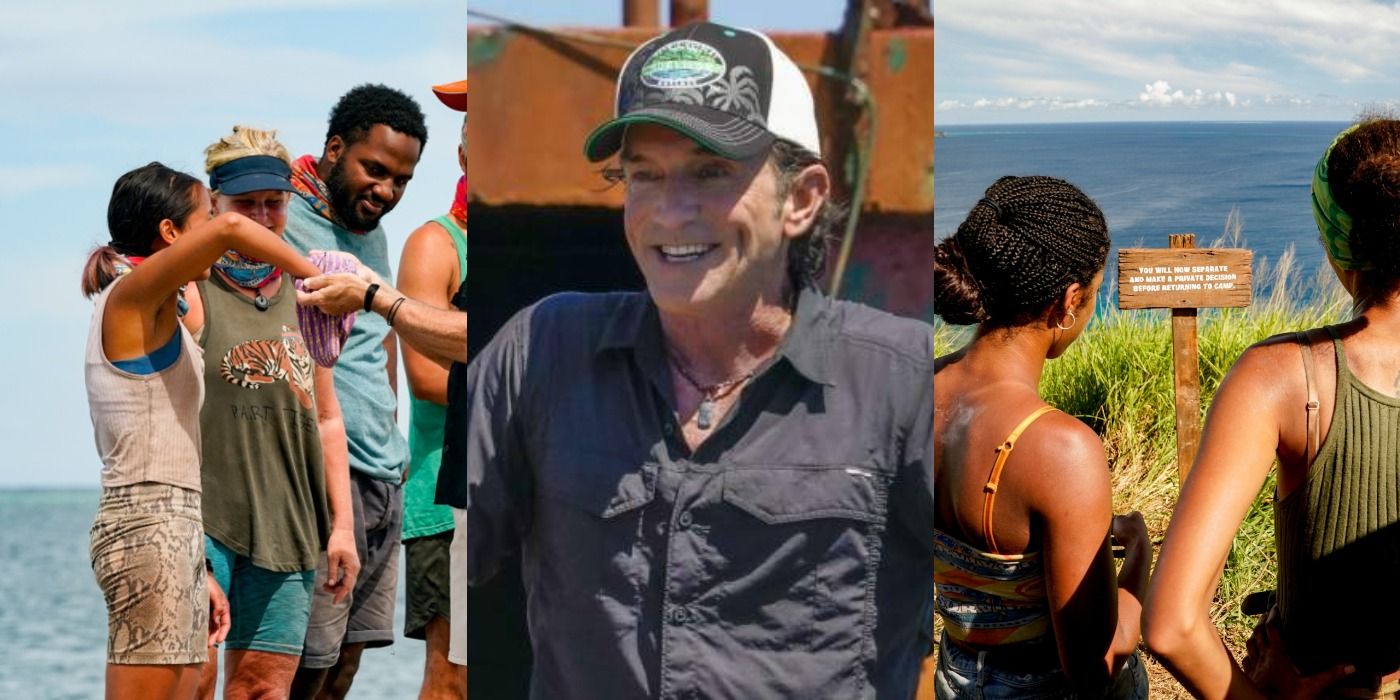 Erika pulling a rock, Jeff Probst smiling, and Liana and Shan on the summit on Survivor
