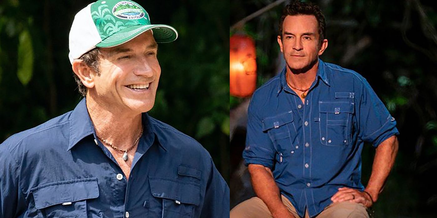 Split image of Jeff Probst from Survivor with a hat and sitting at tribal council.