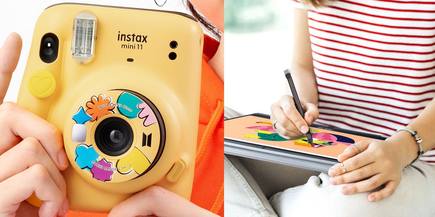 Split image of Fujifilm Instax Butter edition camera and Asus Chromebook Flip CX3 in someone's lap.
