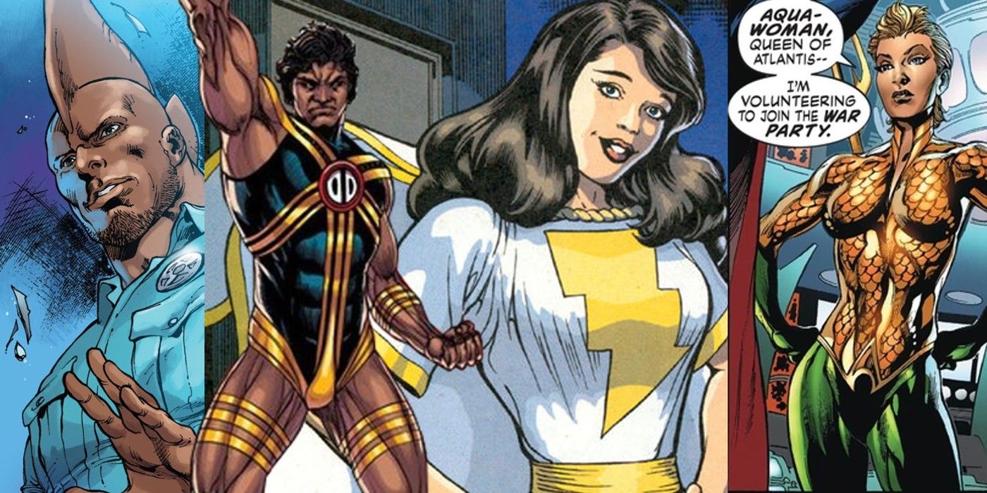 Comic book art: various superhero characters from the Multiversity.