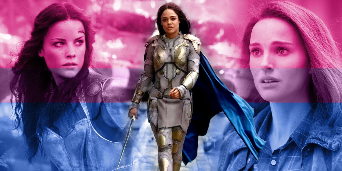 Montage of Valkyrie from Thor Ragnarok, with Jane Foster and Lady Sif, overlaid with a bisexual pride flag
