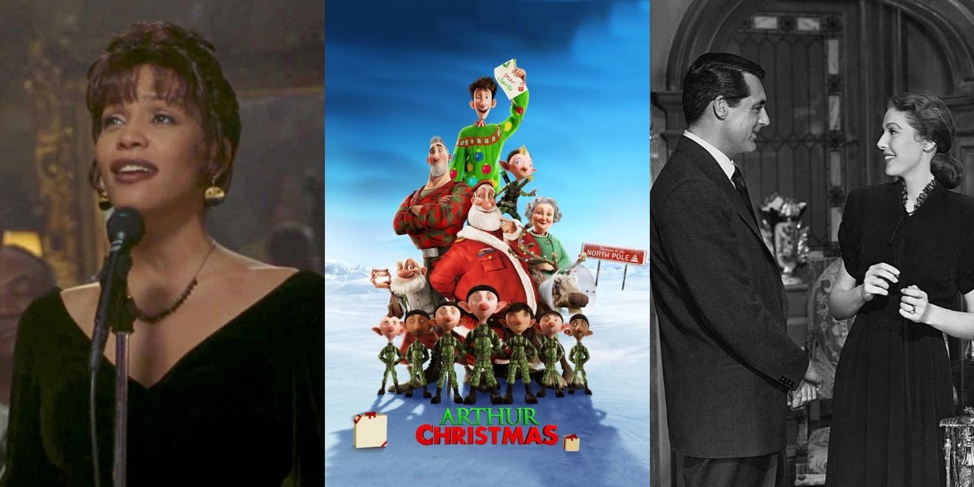 Split image of Whitney Houston, a poster for Arthur Christmas, and Cary Grant and Loretta Young
