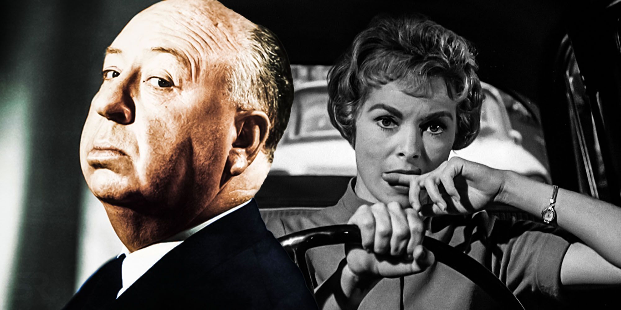 Composite image of Hitchcock and Marion in Bates Motel