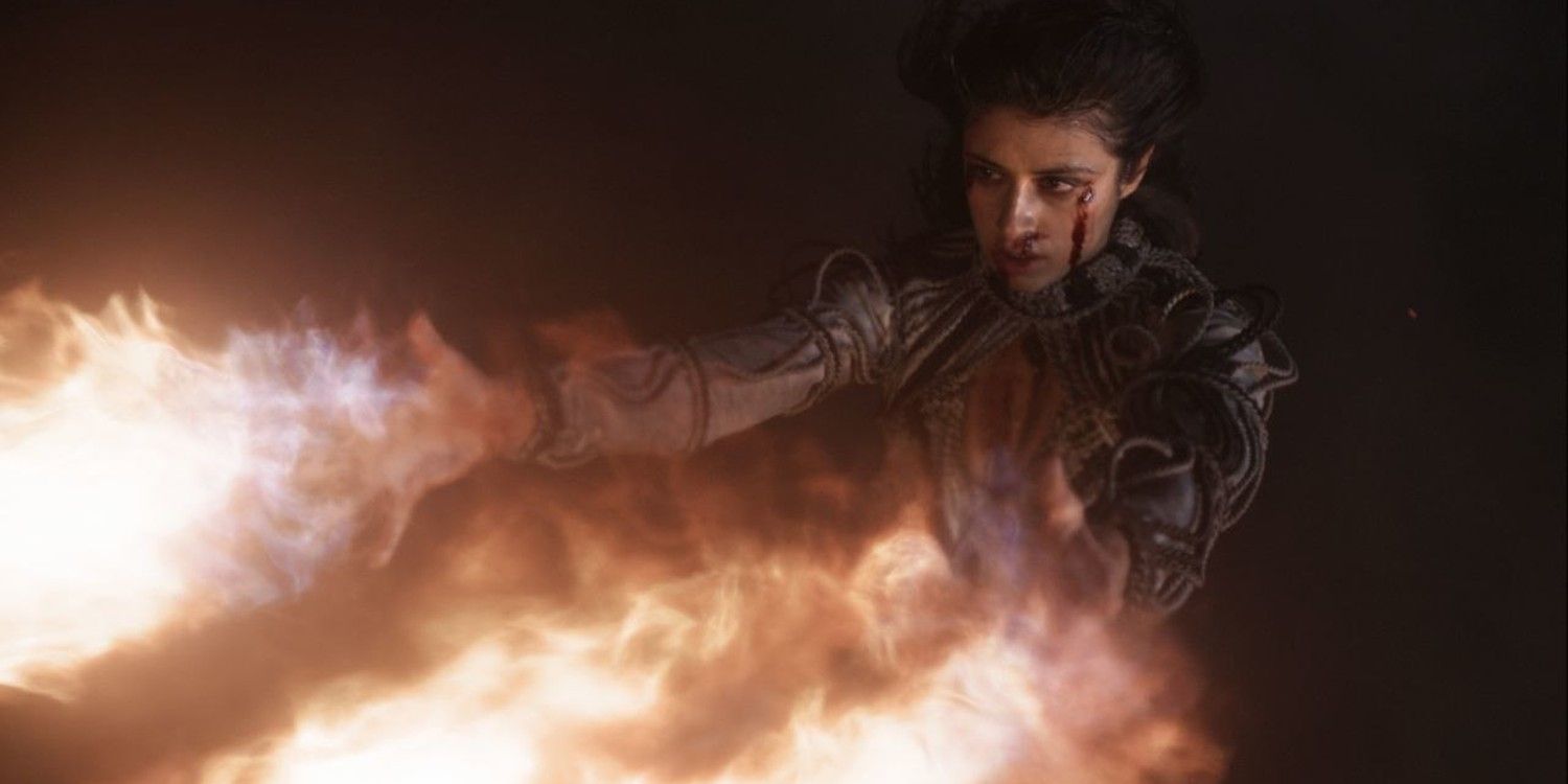 Yennefer the sorceress casts waves of fire in The Witcher season 1