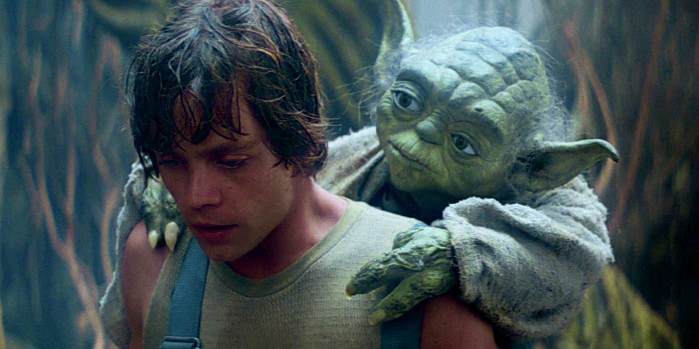 Luke giving Yoda a piggyback in Star Wars