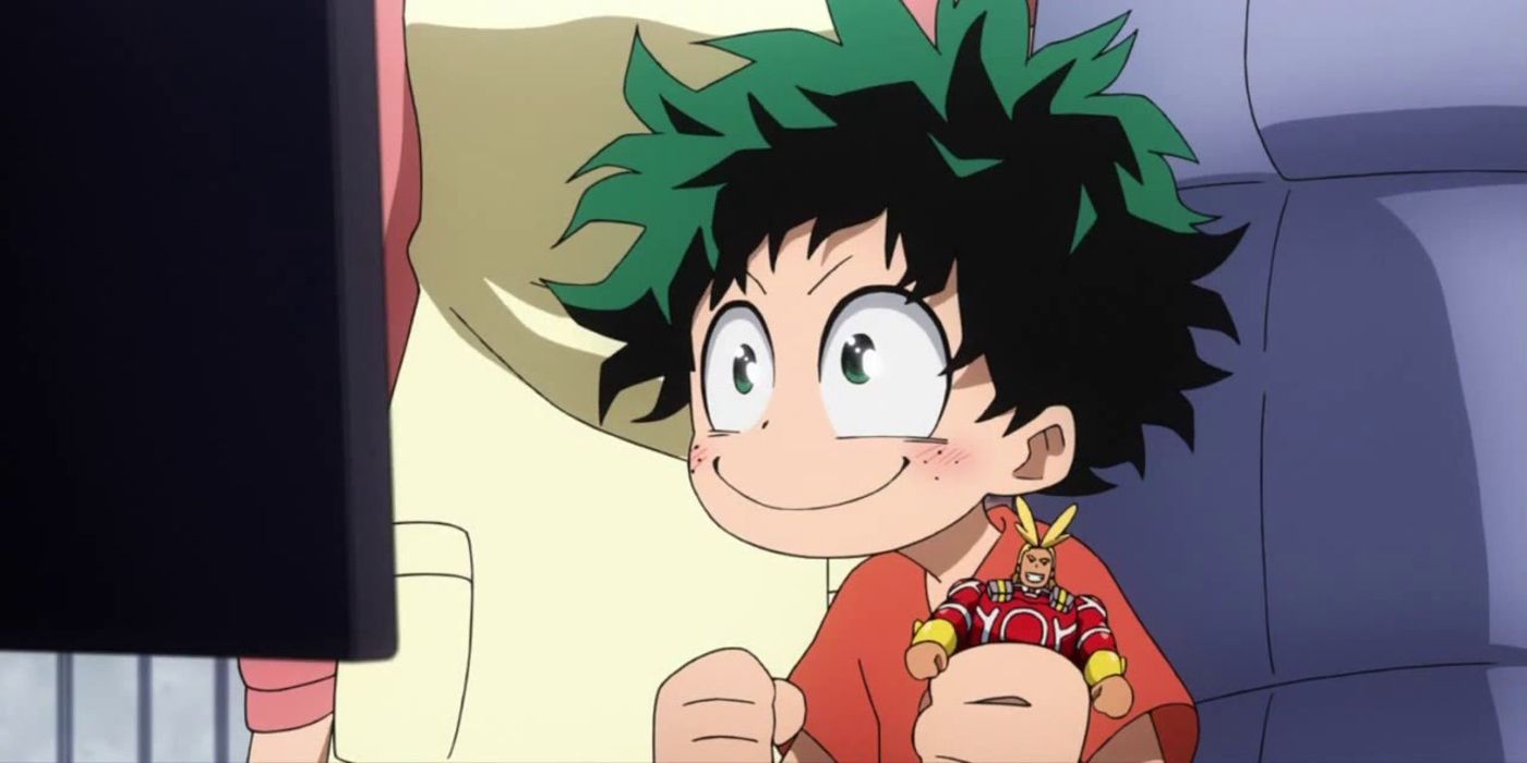 young deku midoriya excited while watching a video of All Might