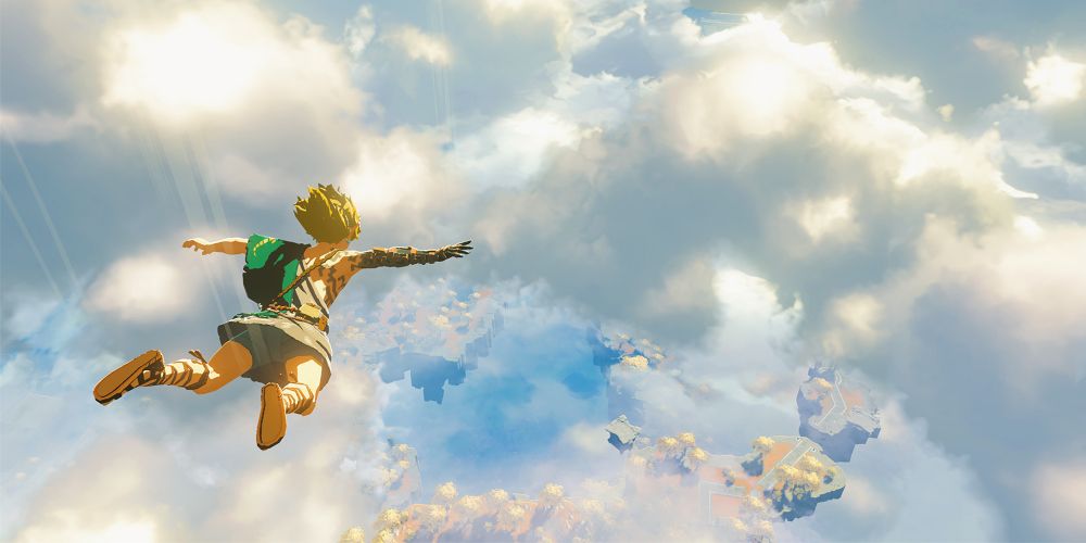 Link flies through the sky in The Legend of Zelda: Breath of the Wild