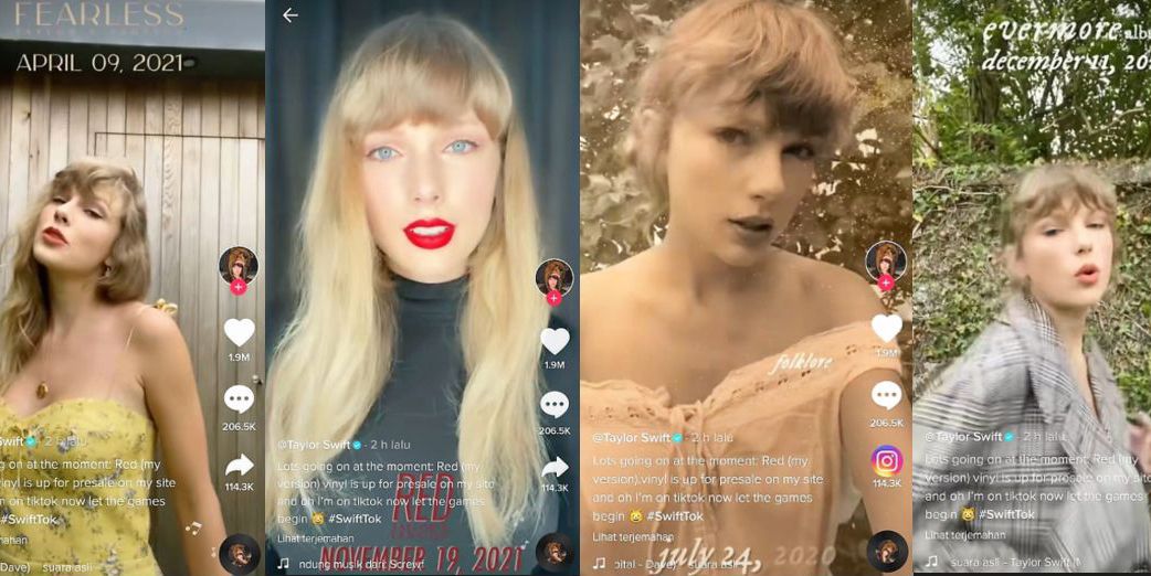 Split image of Taylor Swift in her four eras.