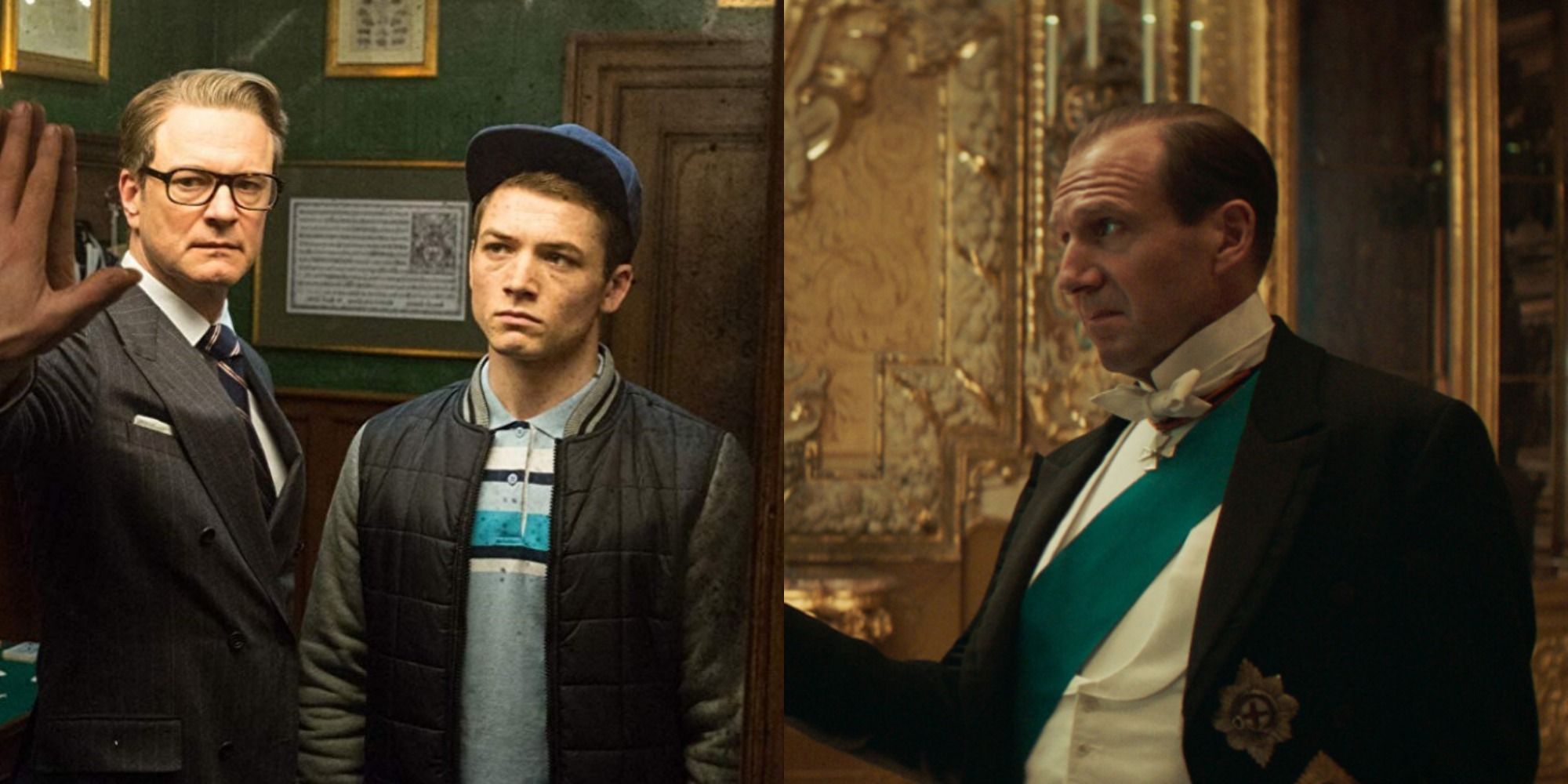Colin Firth and Taron Egerton in Kingsman: The Secret Service and Ralph Fiennes in The King's Man