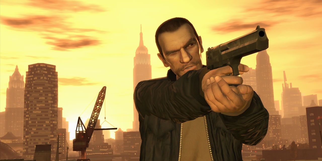Niko Bellic aiming a gun in Grand Theft Auto
