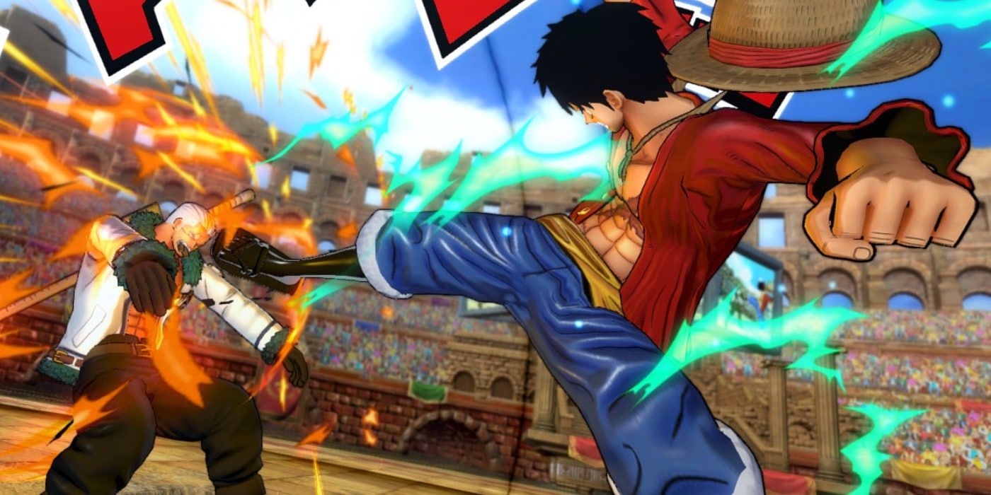Luffy fighting in the arena of the One Piece Burning Blood game.