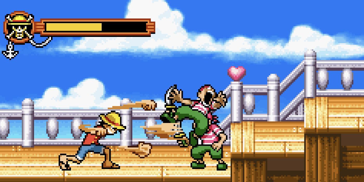 Luffy's fighting pirate goons on the deck of his ship in the One Piece game for Game Boy Advance.