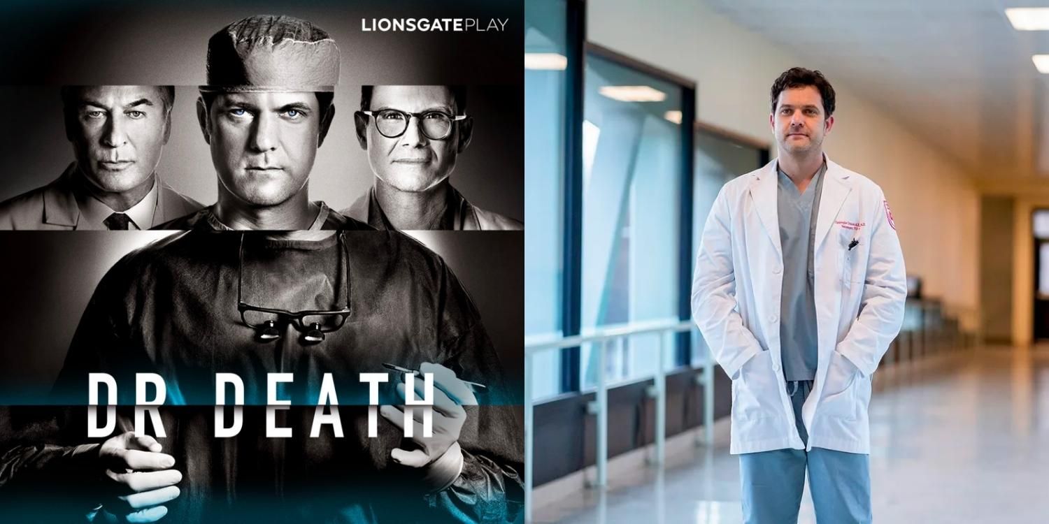 Split image of a Dr Death poster with Chris, Dr Henderson, and Dr Kirby and a shot of Chris in scrubs standing in a hallway
