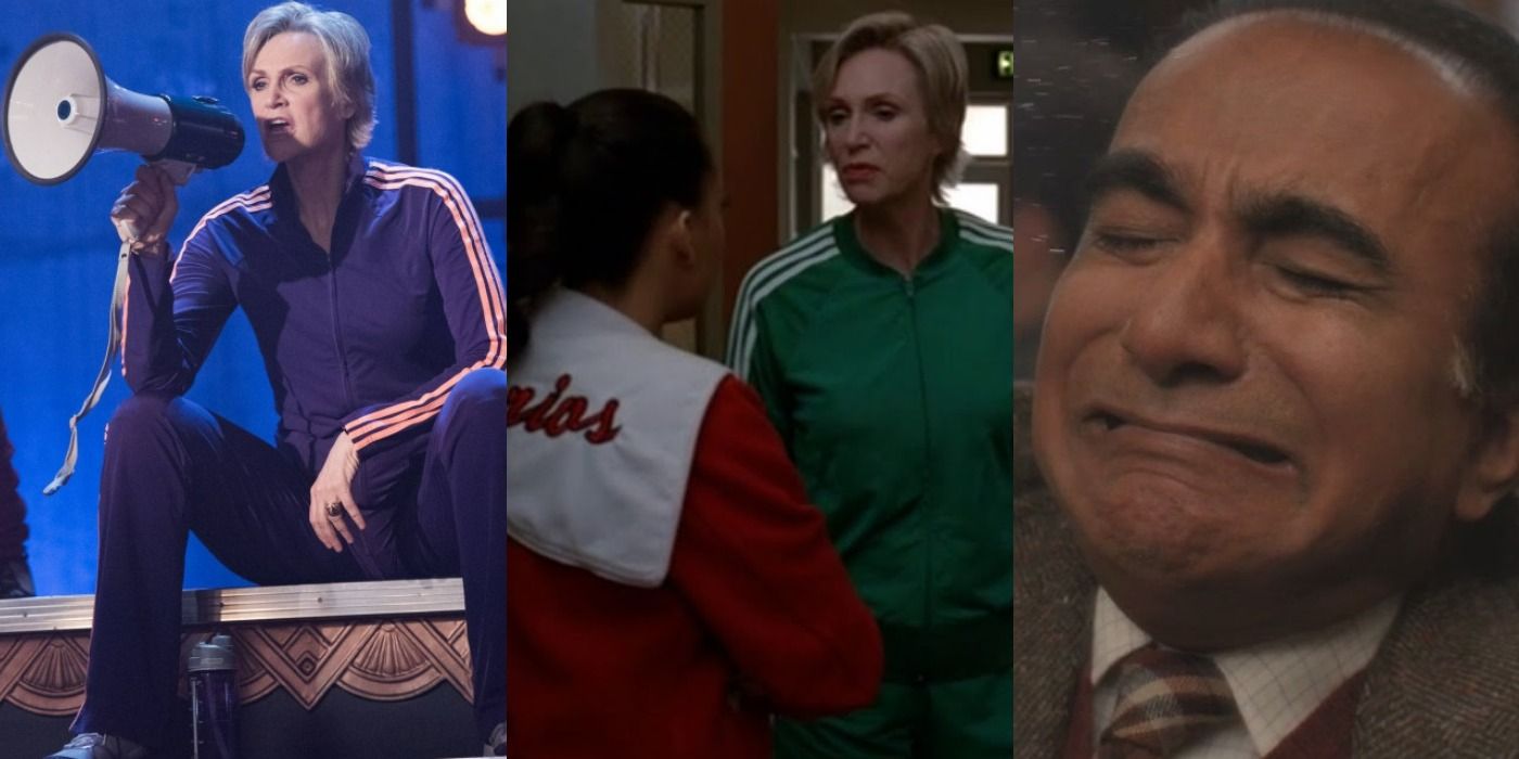 A Split image of Sue Sylvester, Santana Lopez and Principal Figgins in Glee