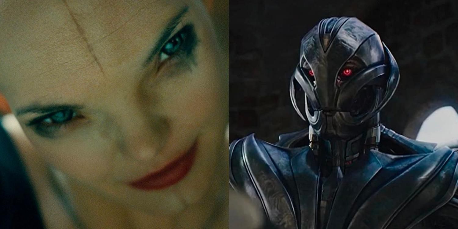 A closeup of Dren&#8217;s face in Splice and Ultron&#8217;s head and torso in Age of Ultron