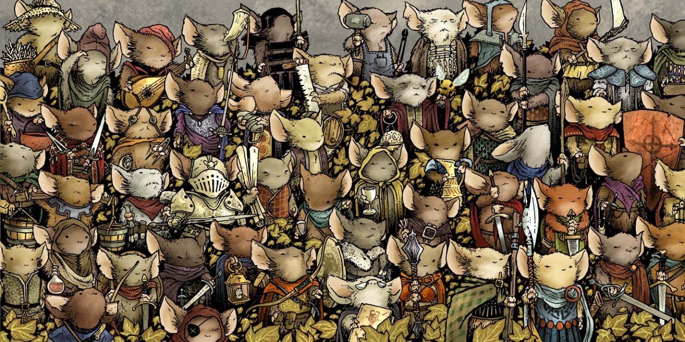 A crowd of mice in medieval clothes from Mouse Guard TTRPG
