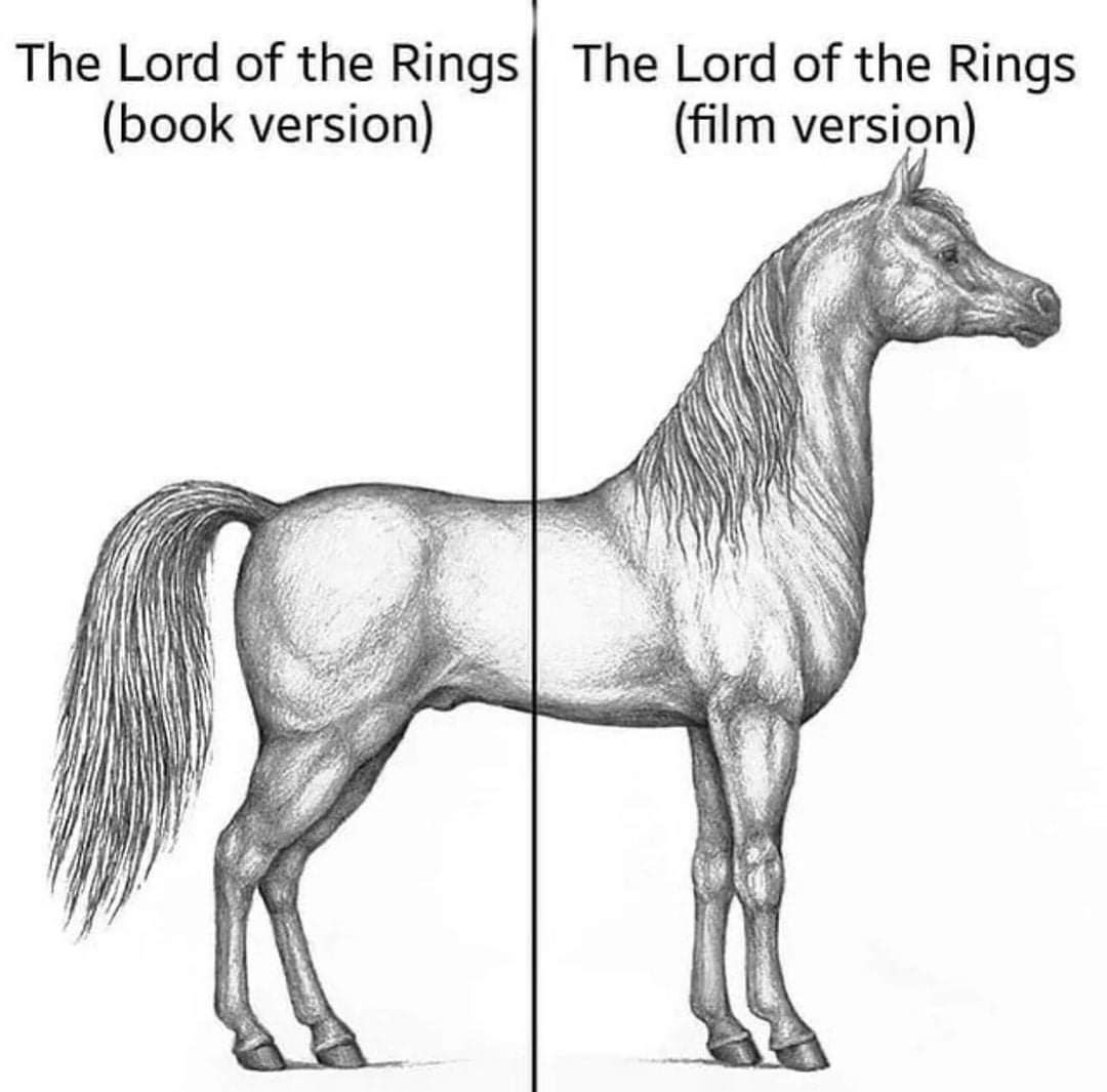 A photo of two very well drawn halves of a horse in a Lord of the Rings meme