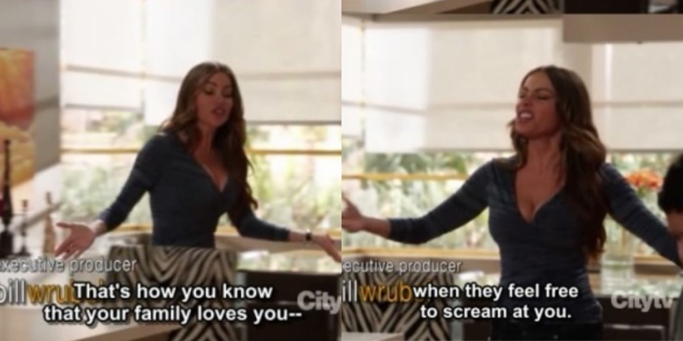 A split image of Gloria talking about family in her kitchen on Modern Family
