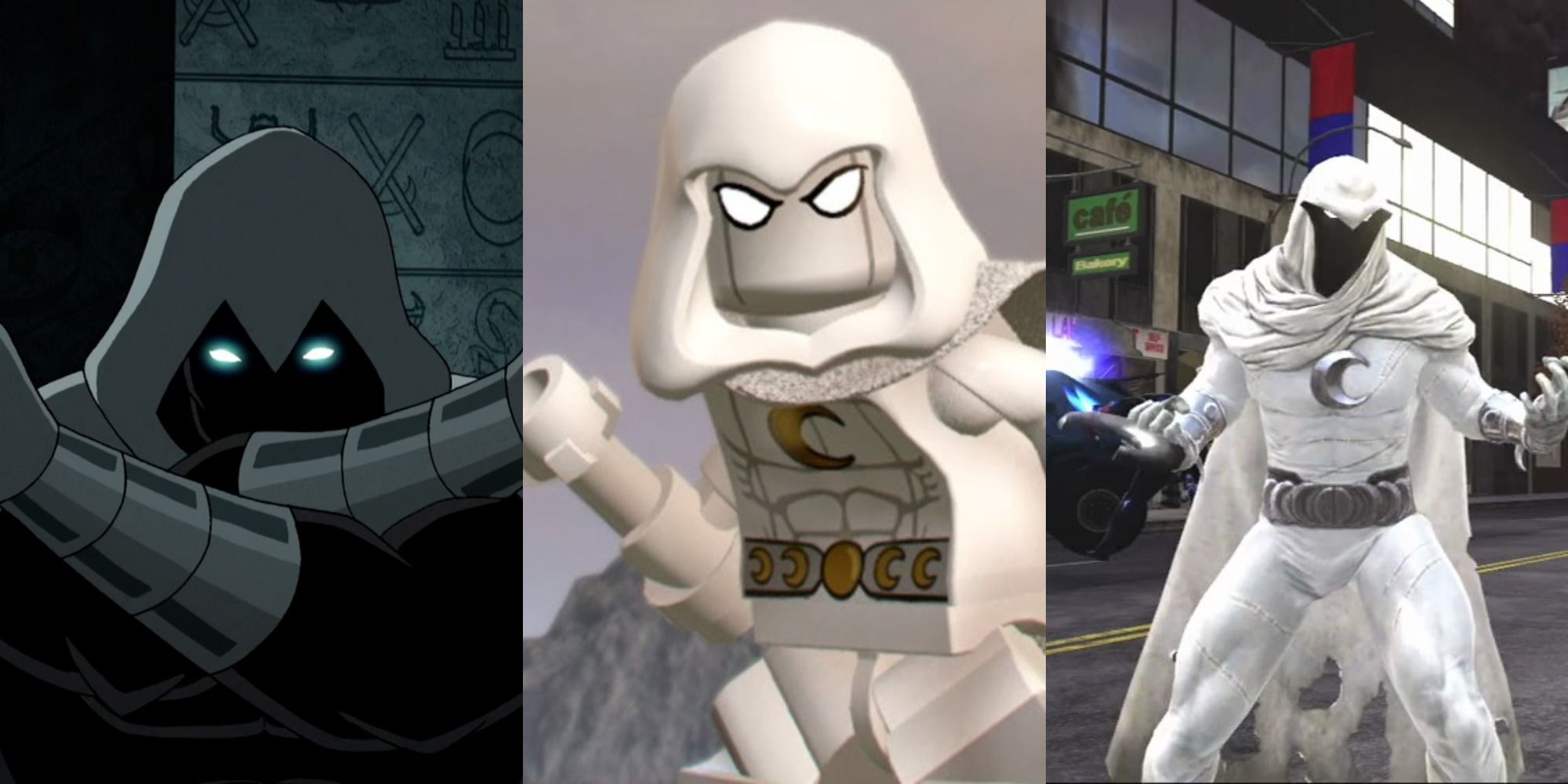A split image of Moon Knight in an animated show, in Lego form, and in a video game