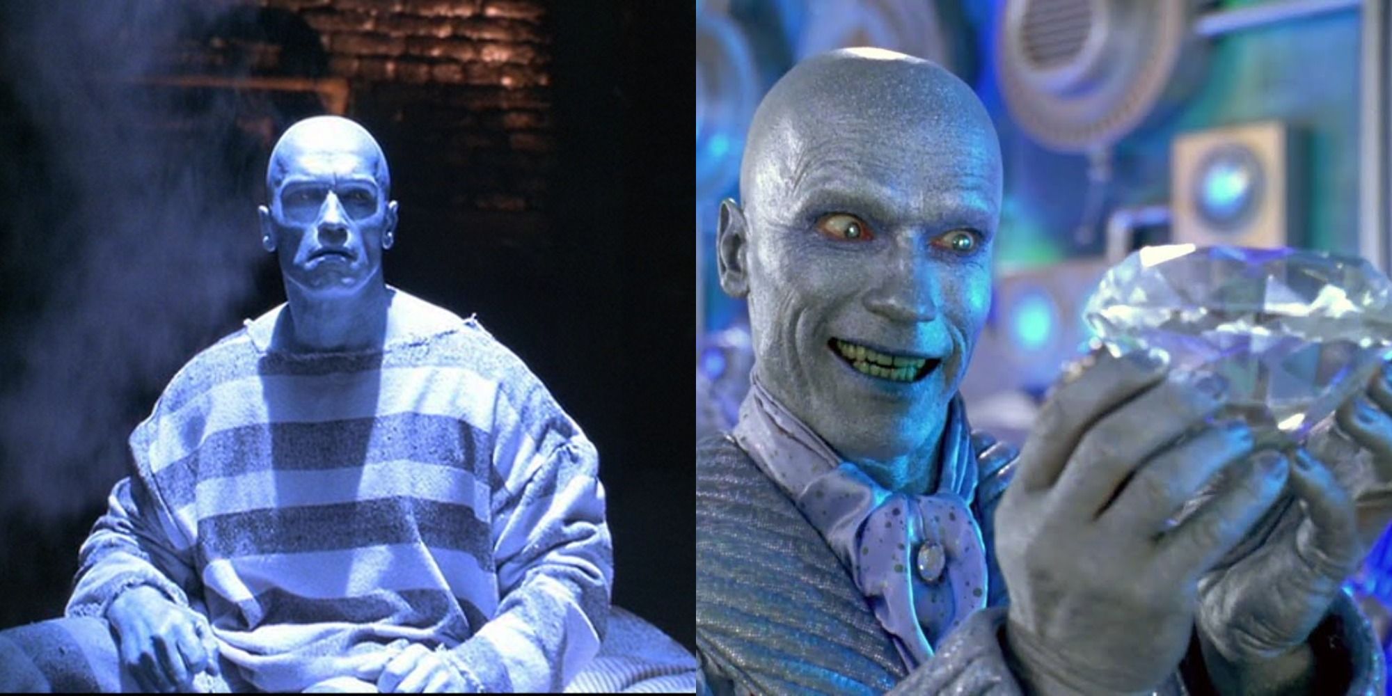 A split image of Mr. Freeze sitting in a cell and holding a diamond in Batman & Robin
