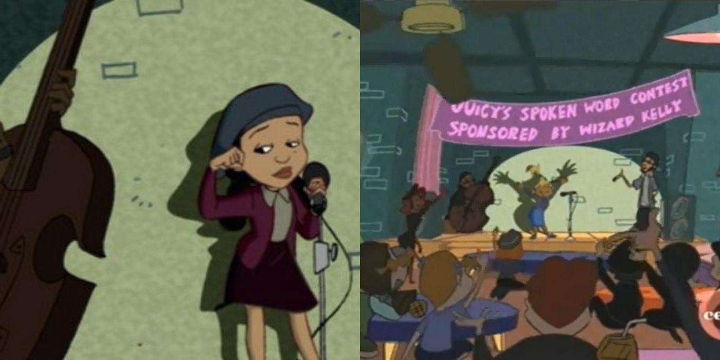 A split image of Penny and Dijonay at a poetry slam on The Proud Family