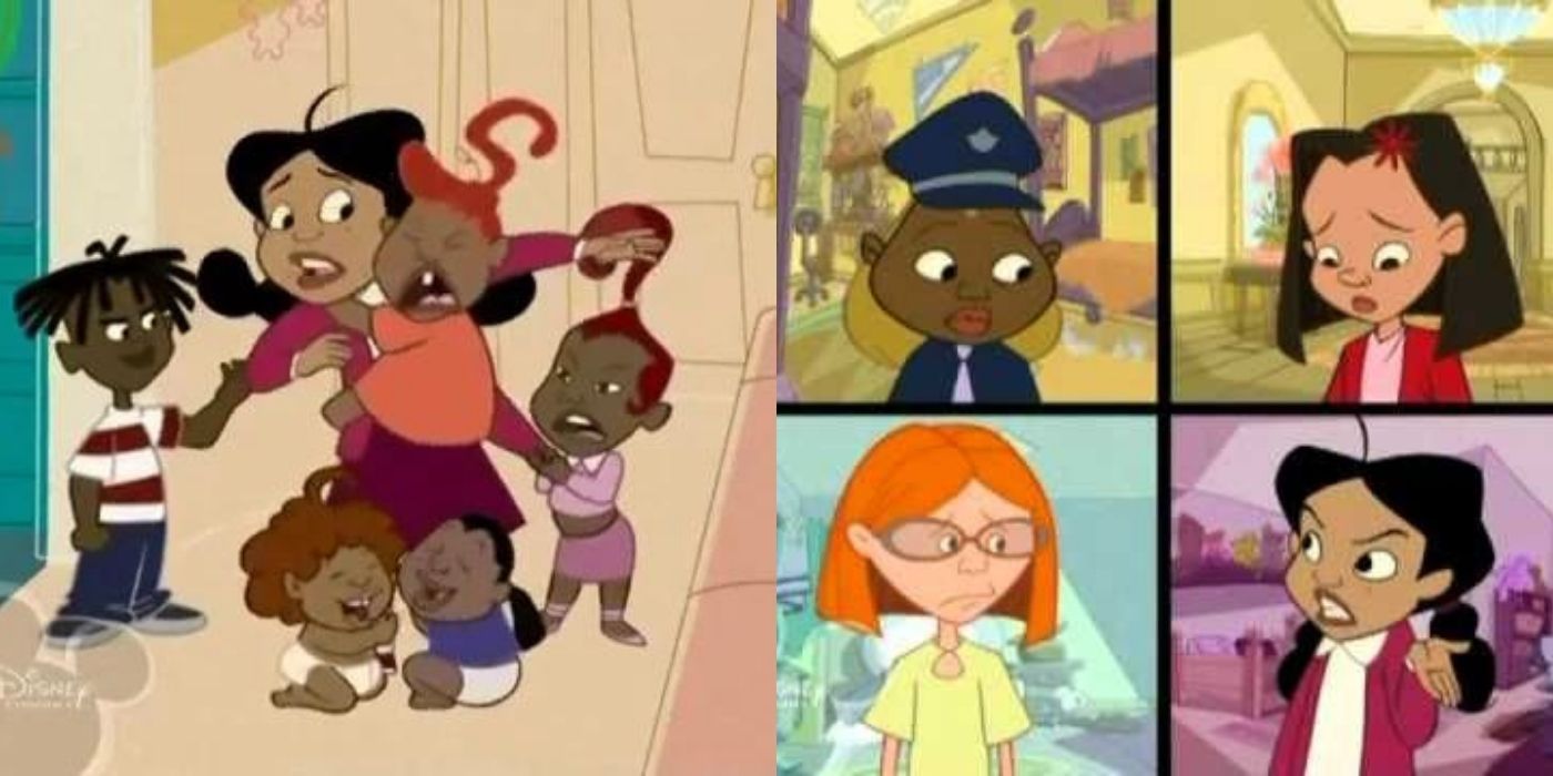 A split image of Penny babysitting Dijonay's siblings on The Proud Family