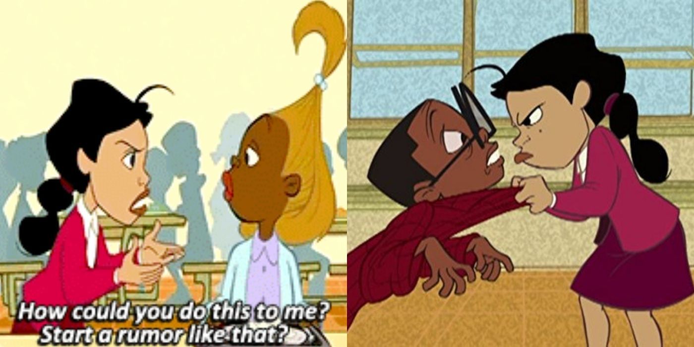 A split image of Penny upset with Dijonay over a bad rumor on The Proud Family