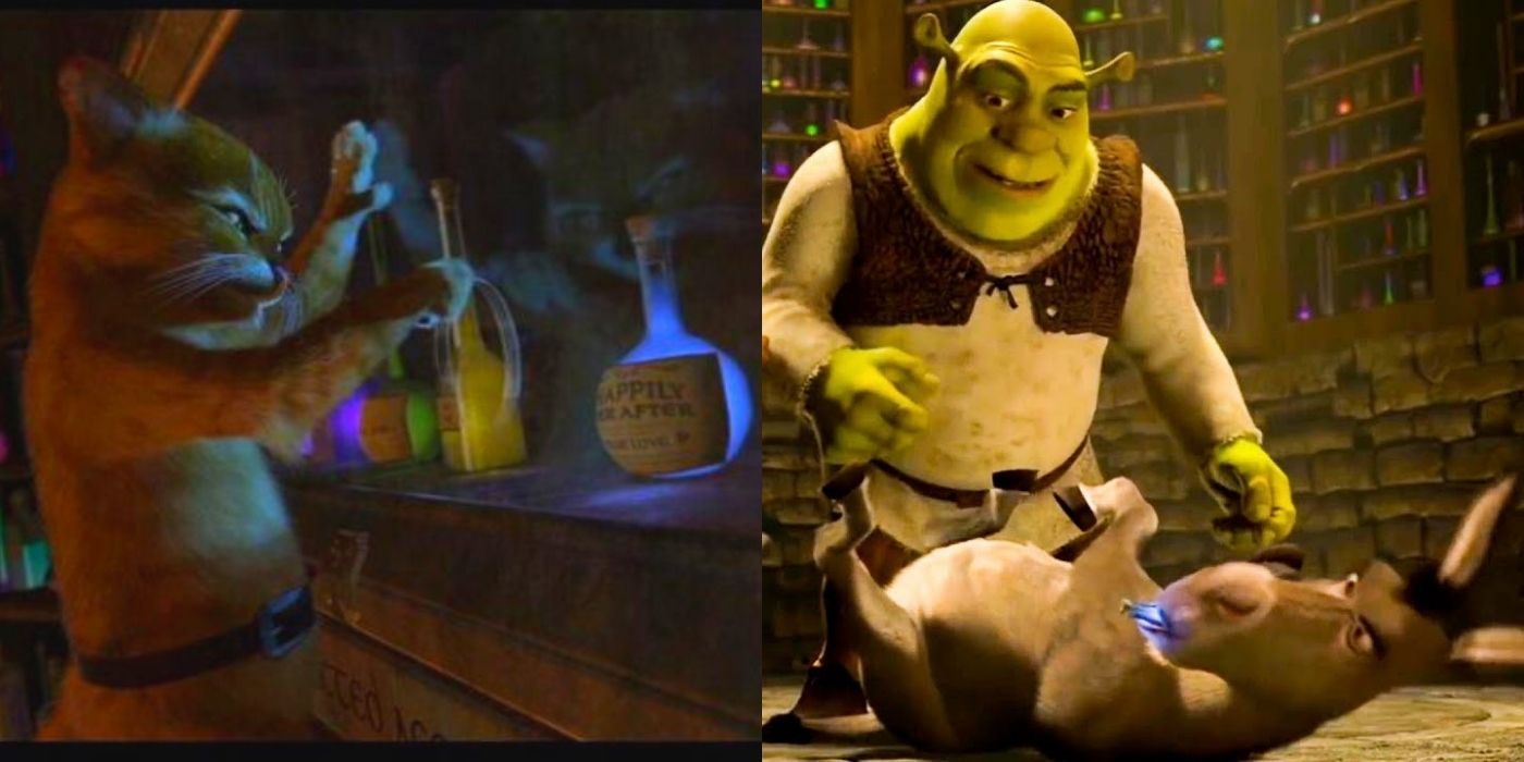 A split image of Puss stealing the potion and Donkey and Shrek helping in Shrek 2