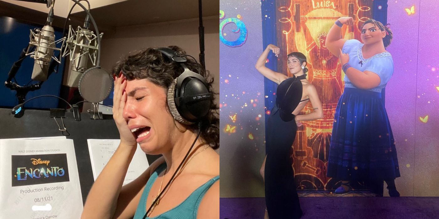 A split image of SJessica Darrow promoting an Encanto