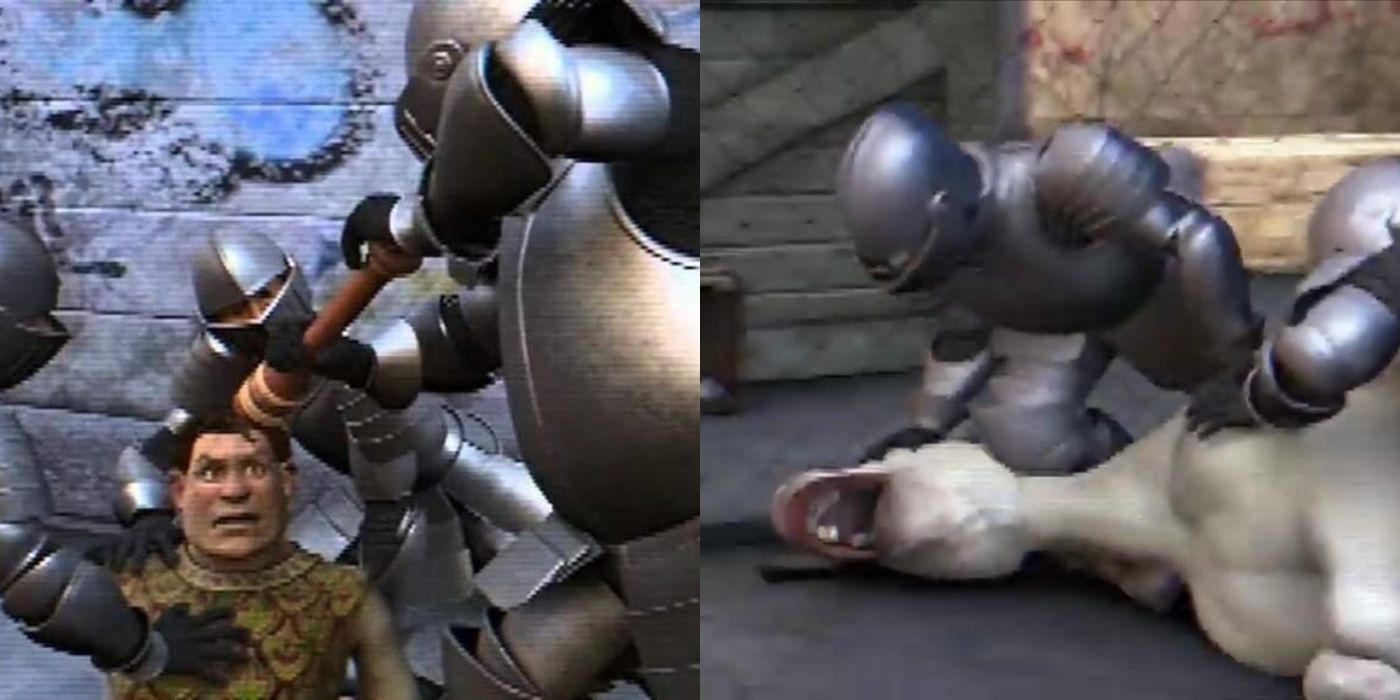A split image of Shrek and Donkey in new forms being taken to jail in Shrek 2