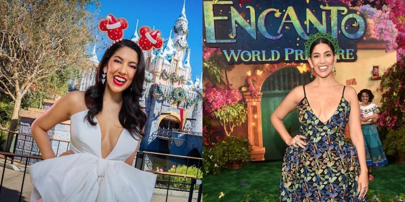 A split image of Stephanie Beatriz promoting an Encanto