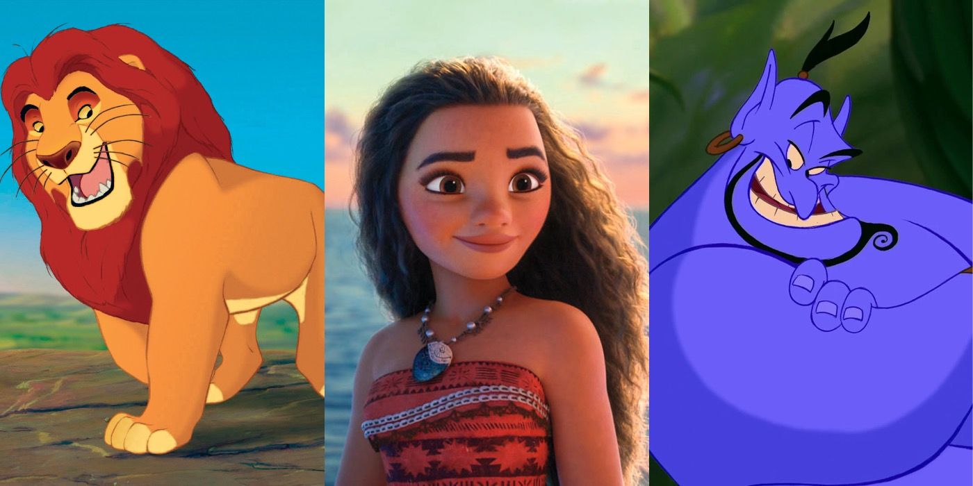 A split image of The Lion King, Moana, and the Genie from Aladdin