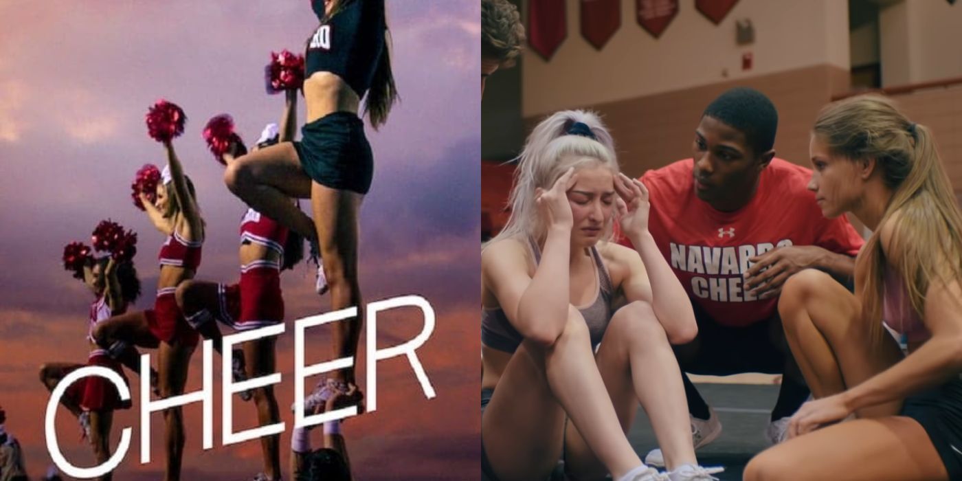 A split image of the Cheer poster and cheerleaders on the mat