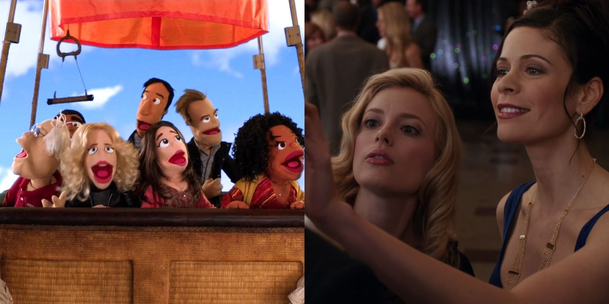 A split image of the study group in puppet form and Britta and Slater standing close together in Community